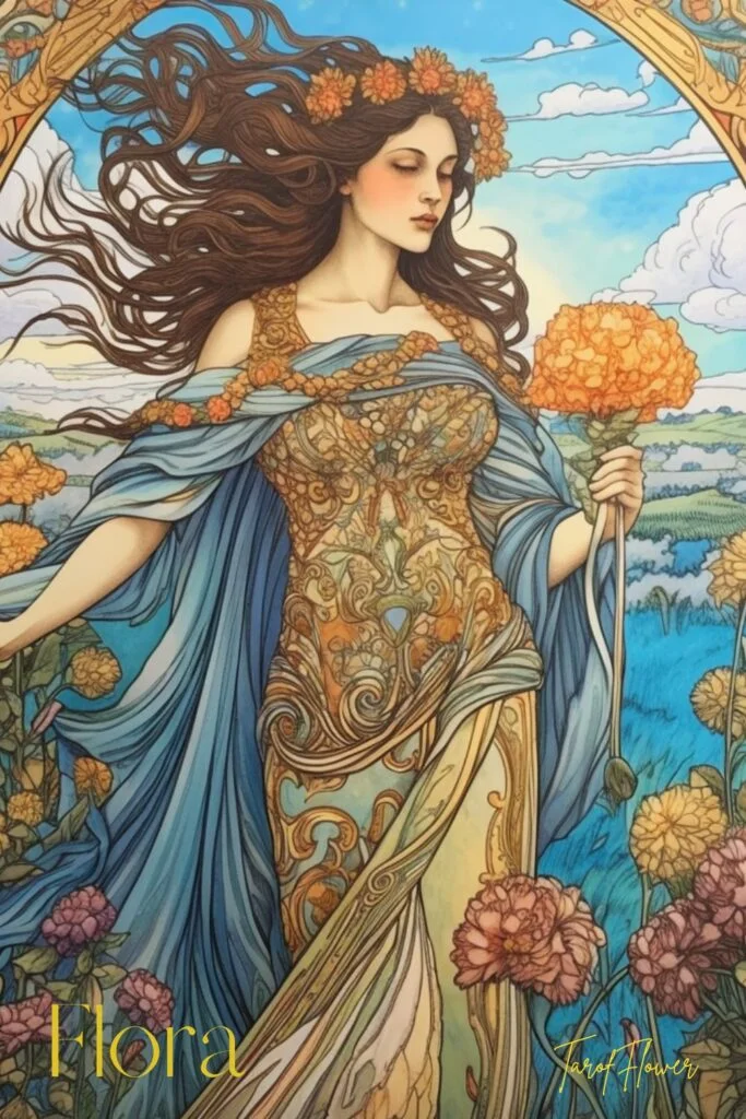 goddess Flora, goddess yoga, embodiment, divine feminine, goddess of spring, Tarot Flower deck, oracle, goddess cards, Midjourney art by Vanessa Hylande