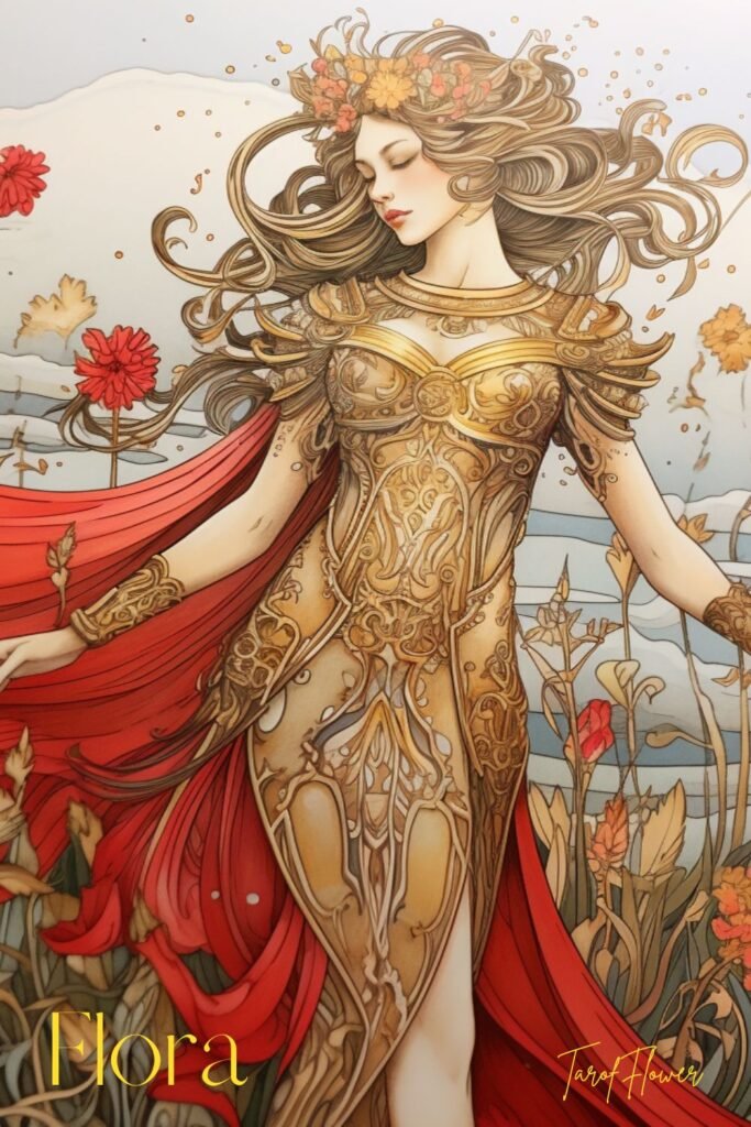 goddess Flora, goddess yoga, embodiment, divine feminine, goddess of spring, Tarot Flower deck, oracle, goddess cards, Midjourney art by Vanessa Hylande