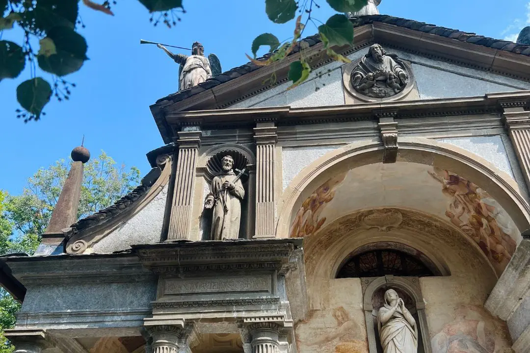 Stone chapel with religious statues at Sacro Monte, Orta San Giulio, Italy