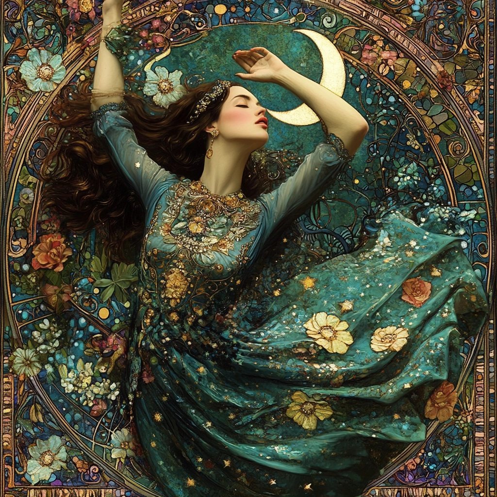 Art Nouveau-style illustration of a dancing goddess in a flowing teal gown adorned with flowers and stars, framed by moonlight and intricate floral patterns.