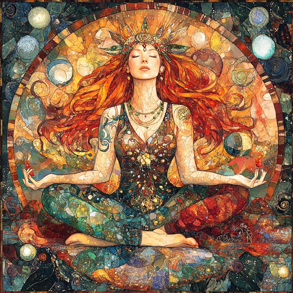 Stained-glass style artwork of a red-haired goddess seated in meditation, surrounded by elemental symbols of fire, earth, water, and celestial energy.