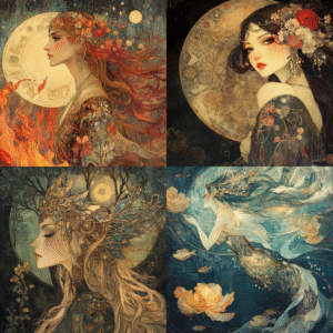 Four goddess oracle cards representing the feminine embodiment journey: Burn, Summon, Create, and Discover — aligned with the elements of Fire, Air, Earth, and Water.