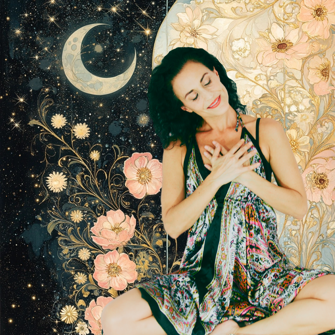Vanessa Hylande Mucha Style Vanessa Hylande seated in meditation pose with hands over heart, smiling gently. Surrounded by celestial moon and floral art in soft gold and pink tones — embodying sacred feminine embodiment and serenity.