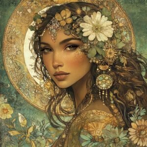 A serene goddess crowned in flowers and greenery, standing before a golden halo. Her energy is nurturing, wise, and grounded. ai art by vanessa hylande